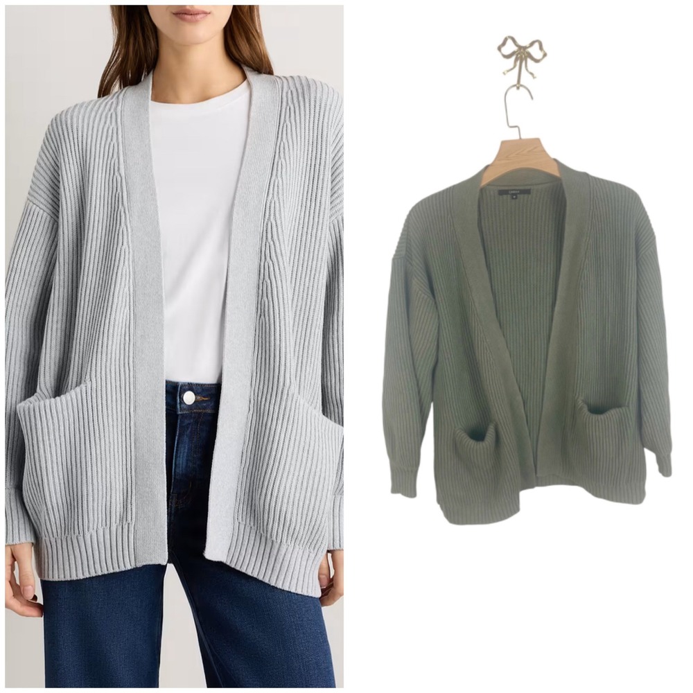 Quince Organic Cotton Oversized Cardigan Olive Green Ribbed Open Front Medium